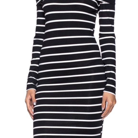Black & White Striped Long Sleeve Off The Shoulder Dress - Picture 1 of 5